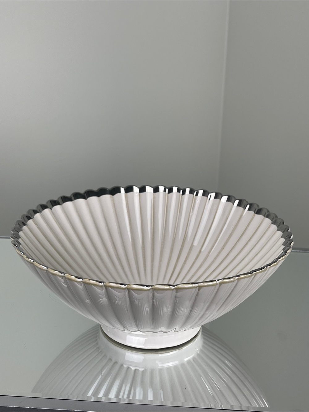 HomeGoods 10" Cream Ribbed Serving Bowl with Silver Rim